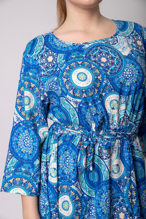 Rochie office cu imprimeuri mandala albastre si cordon in talie [2]