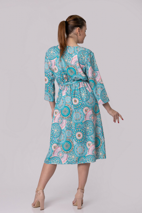 Rochie office cu imprimeuri mandala bleu si cordon in talie [3]