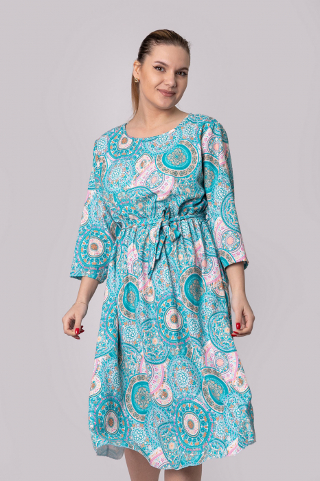 Rochie office cu imprimeuri mandala bleu si cordon in talie [4]