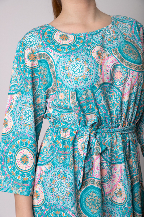 Rochie office cu imprimeuri mandala bleu si cordon in talie [2]