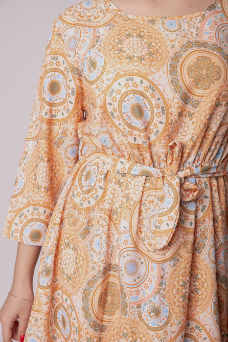 Rochie office cu imprimeuri mandala crem si cordon in talie [2]