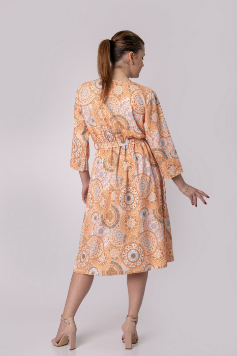 Rochie office cu imprimeuri mandala crem si cordon in talie [3]