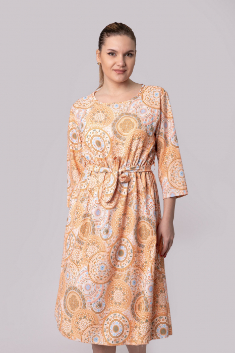Rochie office cu imprimeuri mandala crem si cordon in talie [4]