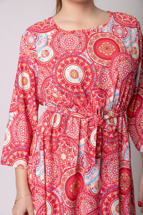Rochie office cu imprimeuri mandala rosii si cordon in talie [2]