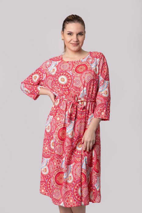 Rochie office cu imprimeuri mandala rosii si cordon in talie [4]