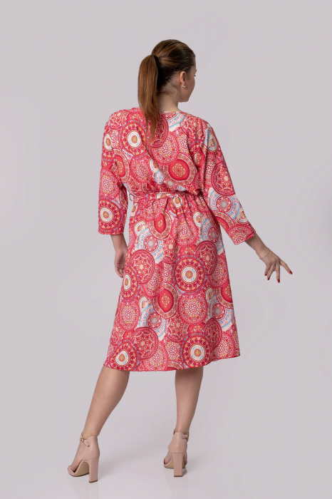 Rochie office cu imprimeuri mandala rosii si cordon in talie [3]