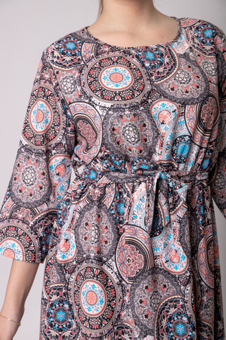 Rochie office cu imprimeuri mandala roz si cordon in talie [2]