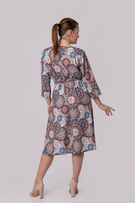 Rochie office cu imprimeuri mandala roz si cordon in talie [3]