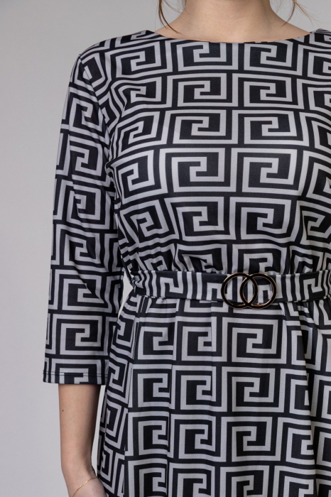 Rochie office gri cu imprimeu geometric negru si cordon in talie [2]