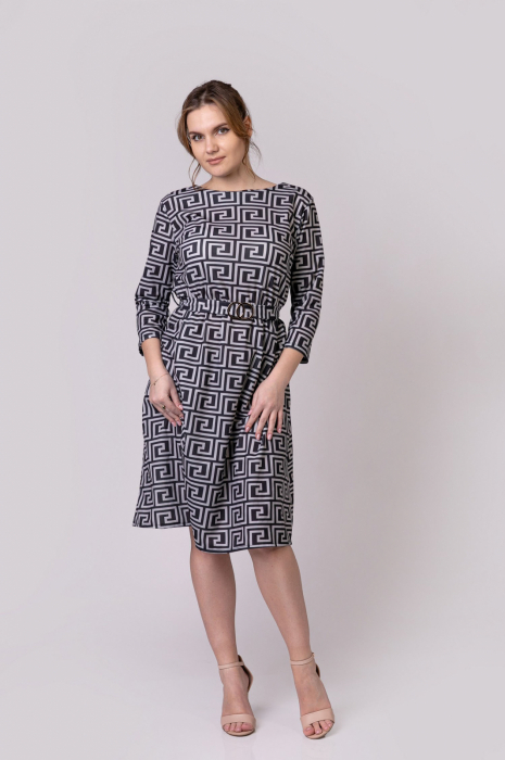Rochie office gri cu imprimeu geometric negru si cordon in talie [4]