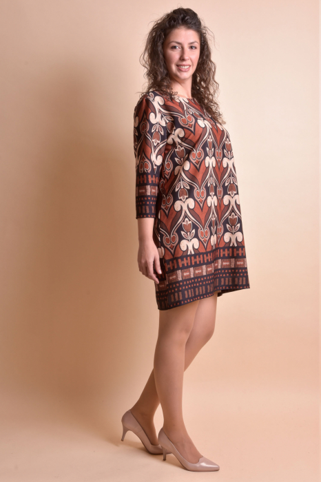 Rochie office maro cu imprimeu multicolor si maneci trei sferturi [5]