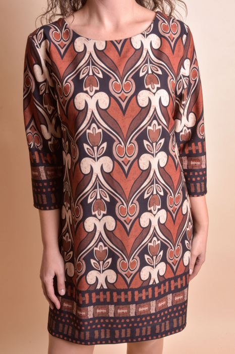 Rochie office maro cu imprimeu multicolor si maneci trei sferturi [2]