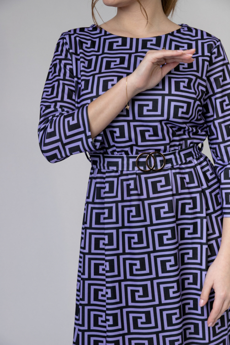 Rochie office mov cu imprimeu geometric negru si cordon in talie [2]