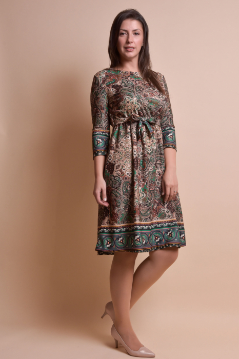 Rochie office multicolora cu imprimeuri florale verzi si cordon in talie [3]