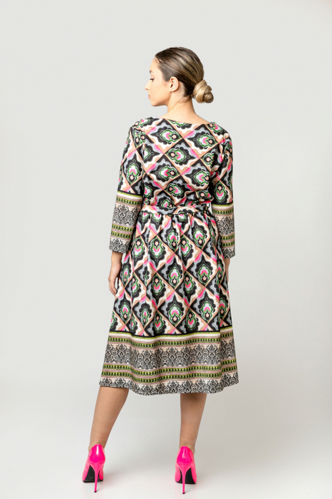 Rochie office multicolora cu imprimeuri mandala si cordon in talie [4]