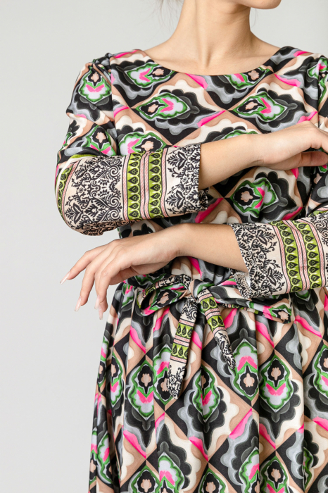 Rochie office multicolora cu imprimeuri mandala si cordon in talie [2]