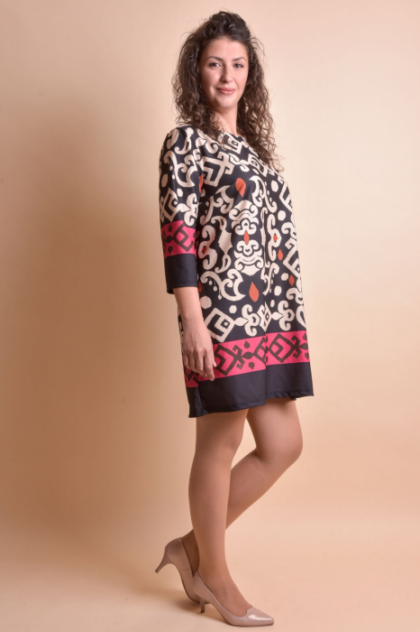 Rochie office neagra cu imprimeu multicolor si maneci trei sferturi [3]