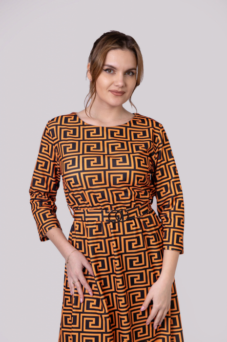 Rochie office orange cu imprimeu geometric negru si cordon in talie [4]
