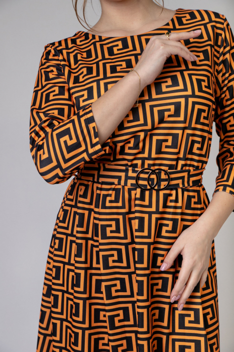 Rochie office orange cu imprimeu geometric negru si cordon in talie [2]