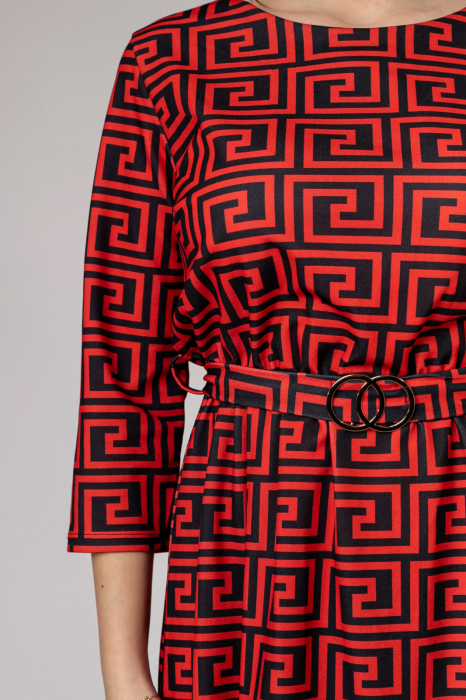 Rochie office rosie cu imprimeu geometric negru si cordon in talie [2]