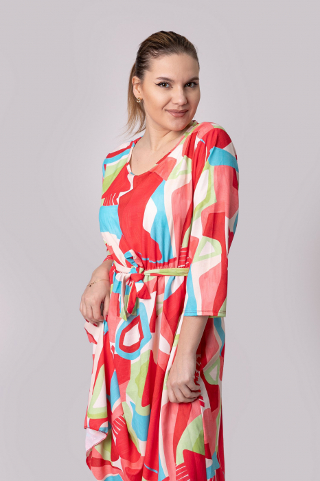 Rochie office rosie cu imprimeuri geometrice albastre si cordon in talie [4]