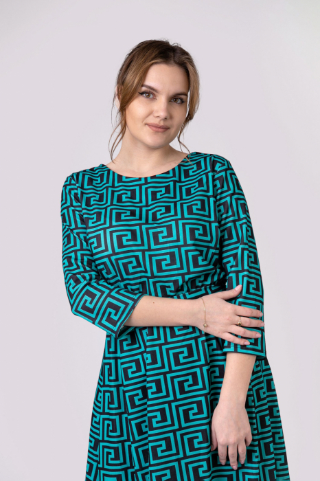 Rochie office turcoaz cu imprimeu geometric negru si cordon in talie [4]