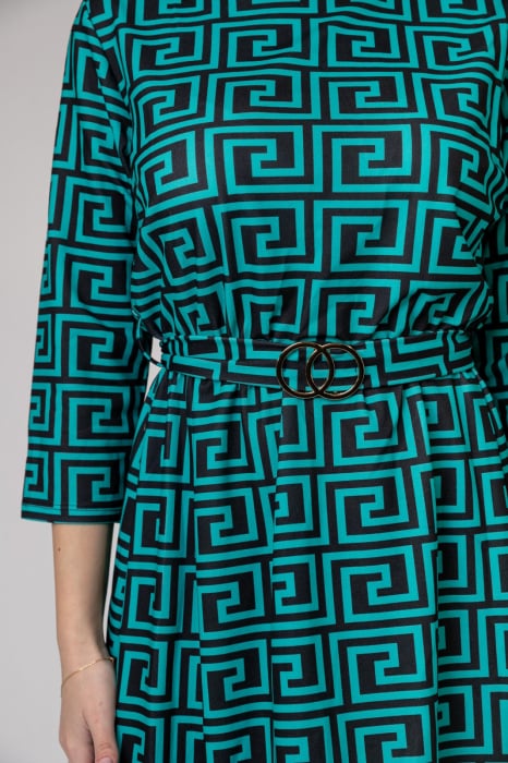 Rochie office turcoaz cu imprimeu geometric negru si cordon in talie [2]