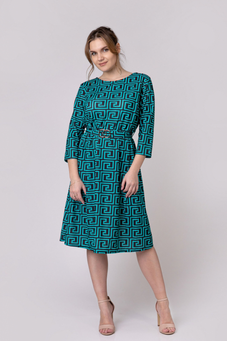 Rochie office turcoaz cu imprimeu geometric negru si cordon in talie [3]