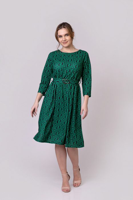 Rochie office verde cu imprimeu geometric negru si cordon in talie [3]