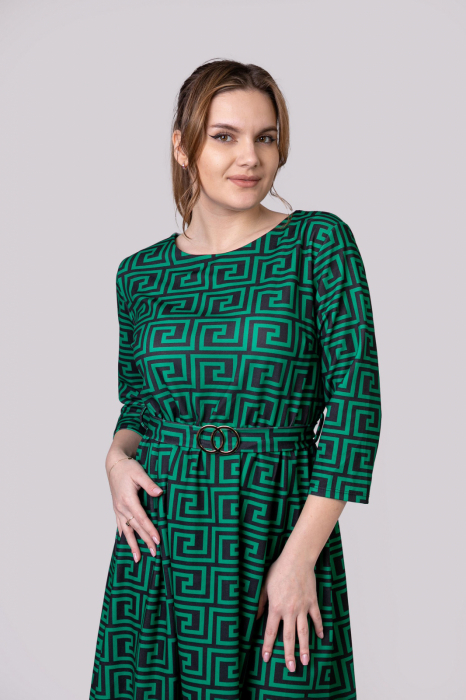 Rochie office verde cu imprimeu geometric negru si cordon in talie [4]