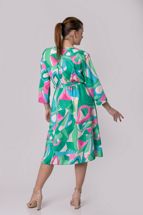 Rochie office verde cu imprimeuri geometrice roz si cordon in talie [3]