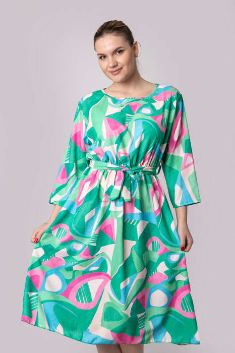 Rochie office verde cu imprimeuri geometrice roz si cordon in talie [4]