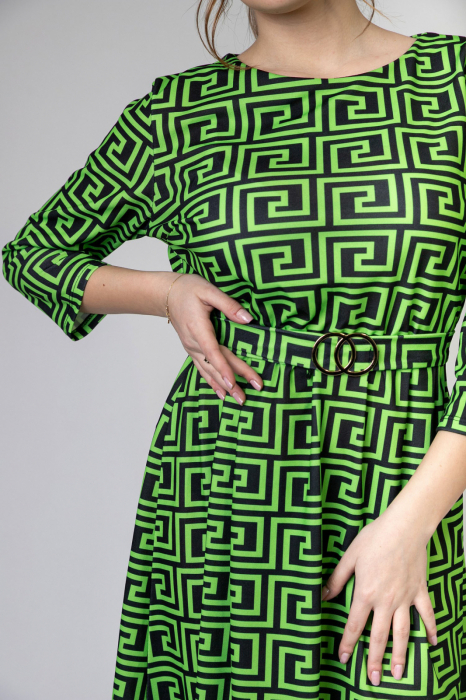 Rochie office verde praz cu imprimeu geometric negru si cordon in talie [2]