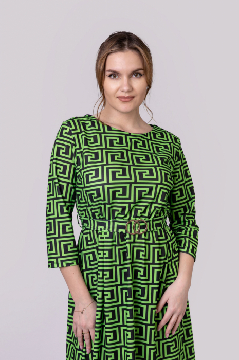 Rochie office verde praz cu imprimeu geometric negru si cordon in talie [4]