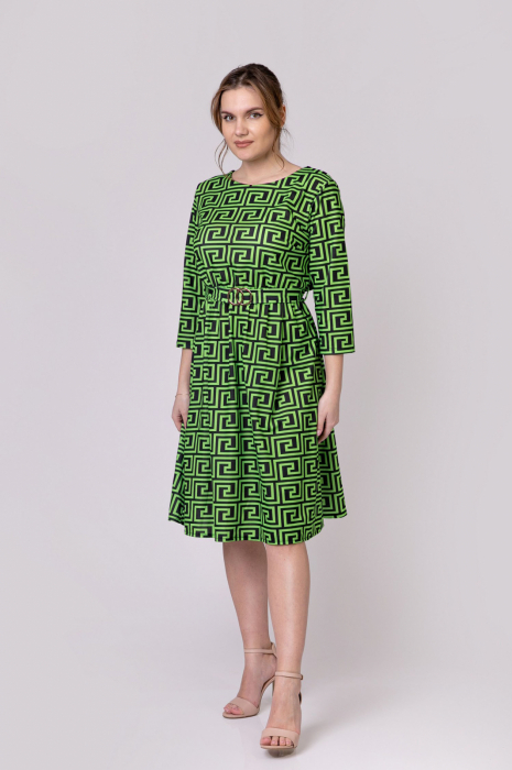Rochie office verde praz cu imprimeu geometric negru si cordon in talie [3]