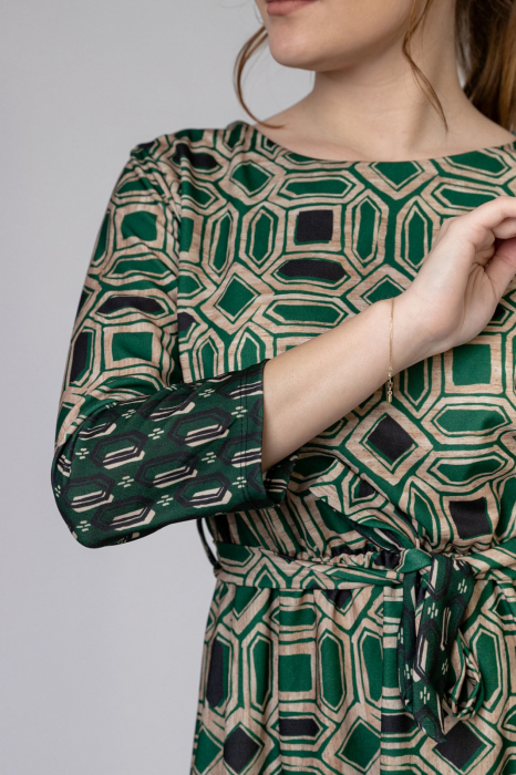 Rochie office verde smarald cu imprimeuri geometrice crem si cordon in talie [2]