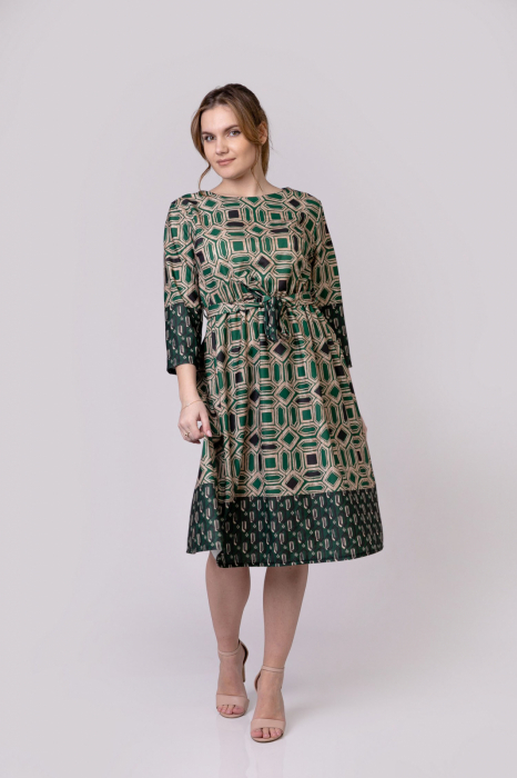 Rochie office verde smarald cu imprimeuri geometrice crem si cordon in talie [3]