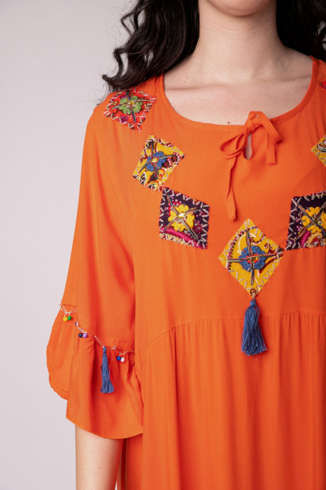 Rochie orange boho chic cu romburi si ciucuri [2]
