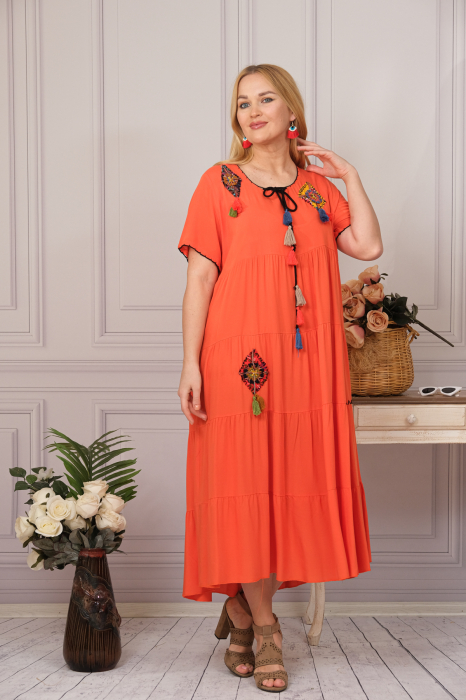 Rochie orange boho chic cu snur si ciucuri [2]