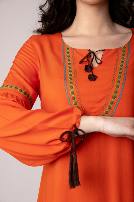 Rochie orange boho chic cu volane si maneca lunga [2]
