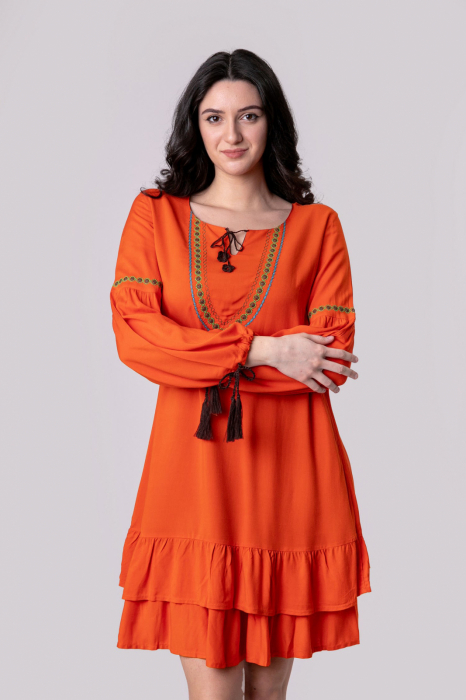 Rochie orange boho chic cu volane si maneca lunga [3]