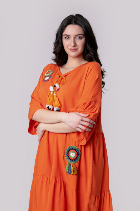 Rochie orange boho chic cu volane si maneci largi [3]
