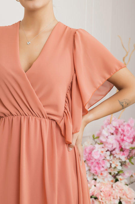 Rochie orange piersica cu volane si maneci fluture [2]