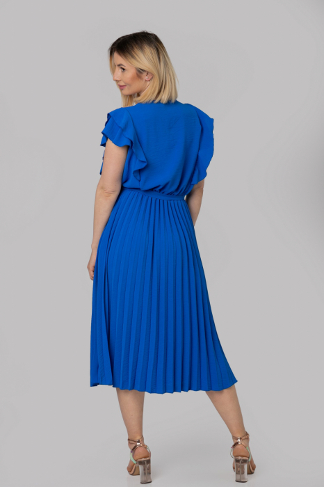 Rochie plisata albastru regal cu volane pe maneci [4]