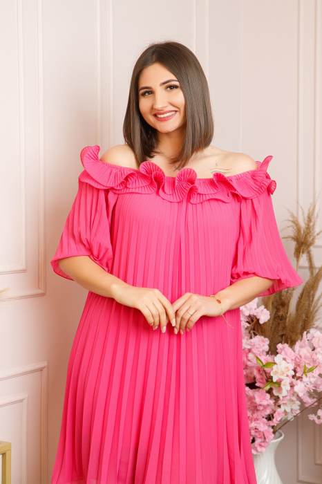 Rochie plisata Alice cu volanase - Ciclam [2]