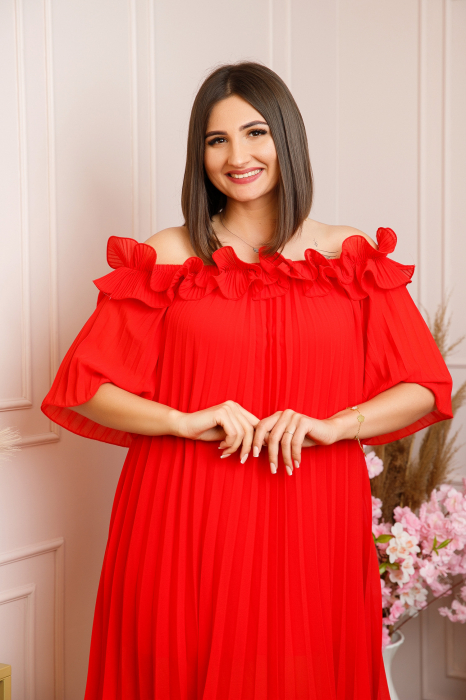 Rochie plisata Alice cu volanase - Rosu [2]