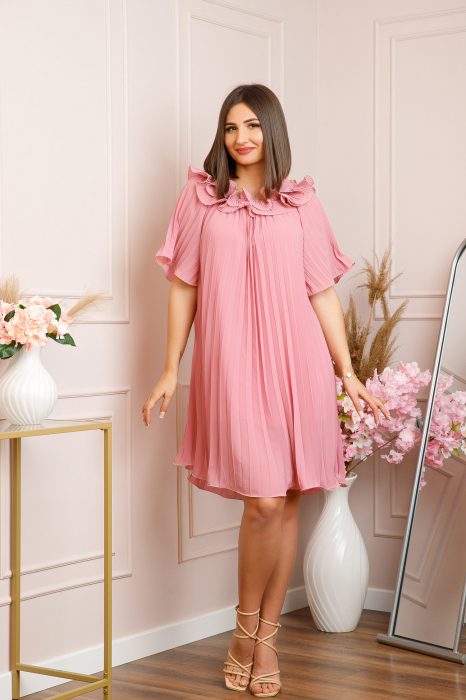 Rochie plisata Alice cu volanase - Roz pudrat [3]