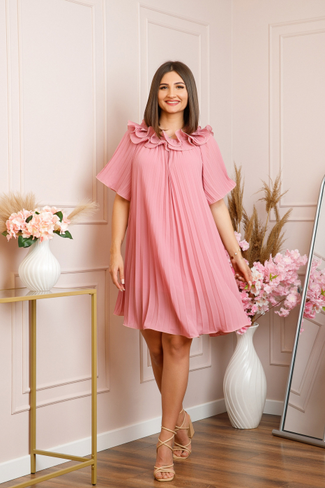 Rochie plisata Alice cu volanase - Roz pudrat [4]