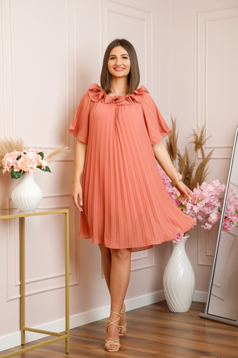 Rochie plisata Alice cu volanase - Roz somon [4]