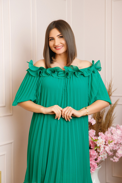Rochie plisata Alice cu volanase - Verde smarald [2]